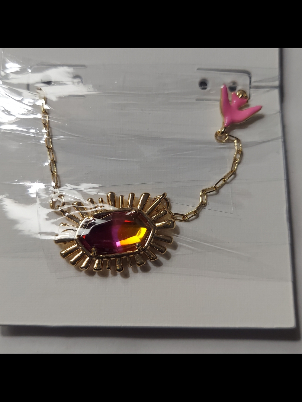 Kendra Scott Gold Necklace with Fuchsia Bird and Multicolor Crystal Pendant